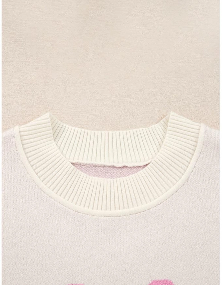 Pink Bow Print Ribbed Trim Exposed Seam Drop Shoulder Loose Sweater