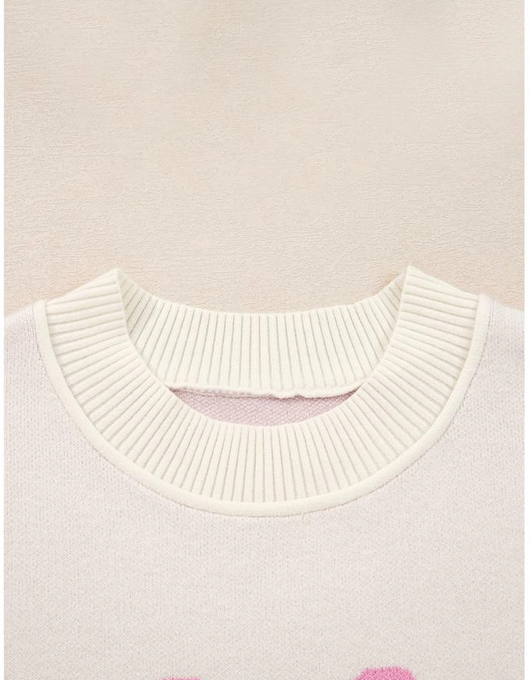 Pink Bow Print Ribbed Trim Exposed Seam Drop Shoulder Loose Sweater