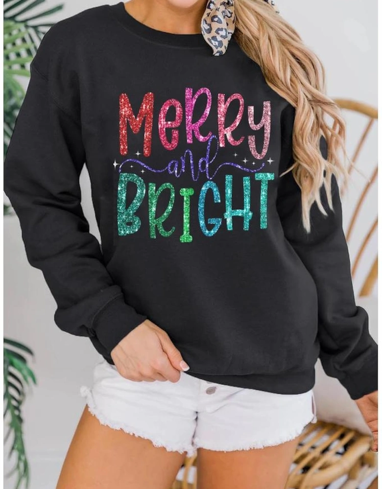 Black Glittering Merry and Bright Graphic Christmas Pullover Sweatshirt