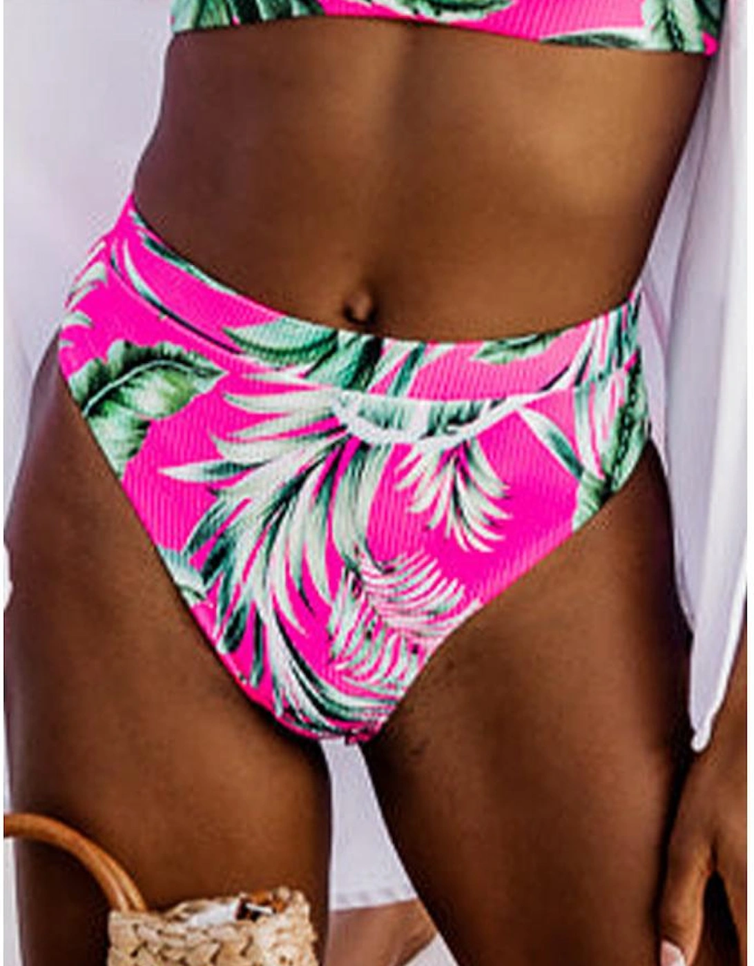 Rose Tropical Print Textured Bikini Bottoms