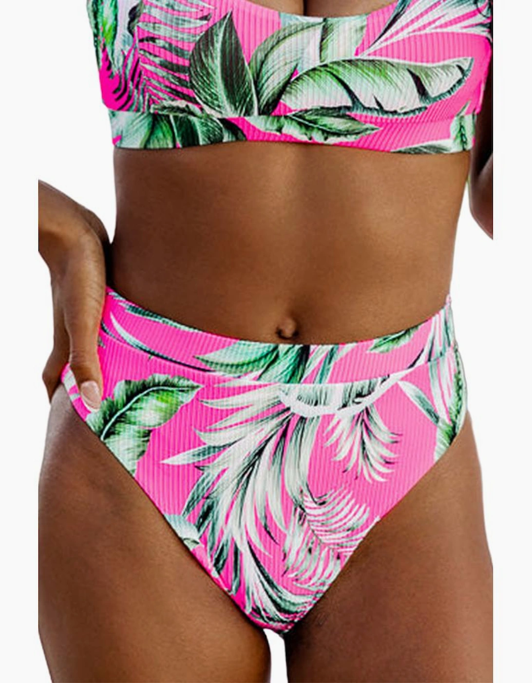 Rose Tropical Print Textured Bikini Bottoms
