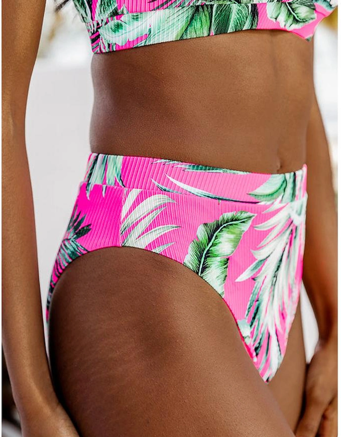 Rose Tropical Print Textured Bikini Bottoms
