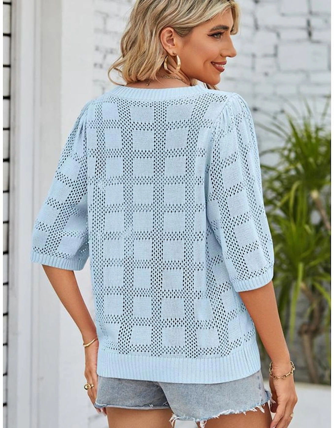 Myosotis Eyelet Checker Knit Half Sleeve Top, 7 of 6