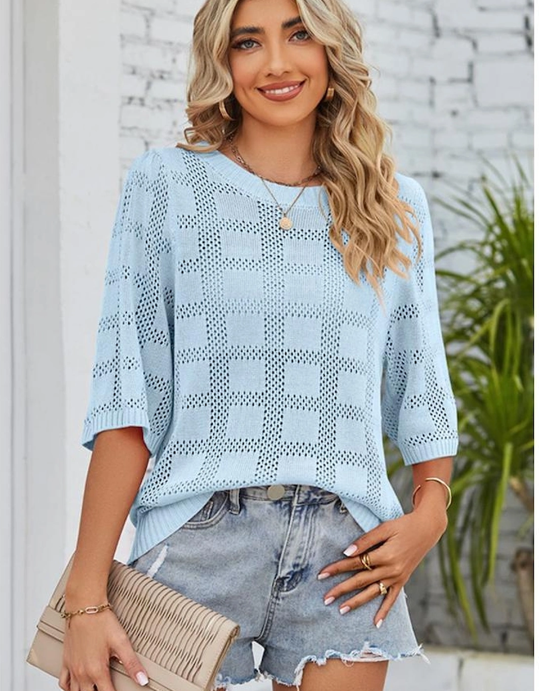 Myosotis Eyelet Checker Knit Half Sleeve Top