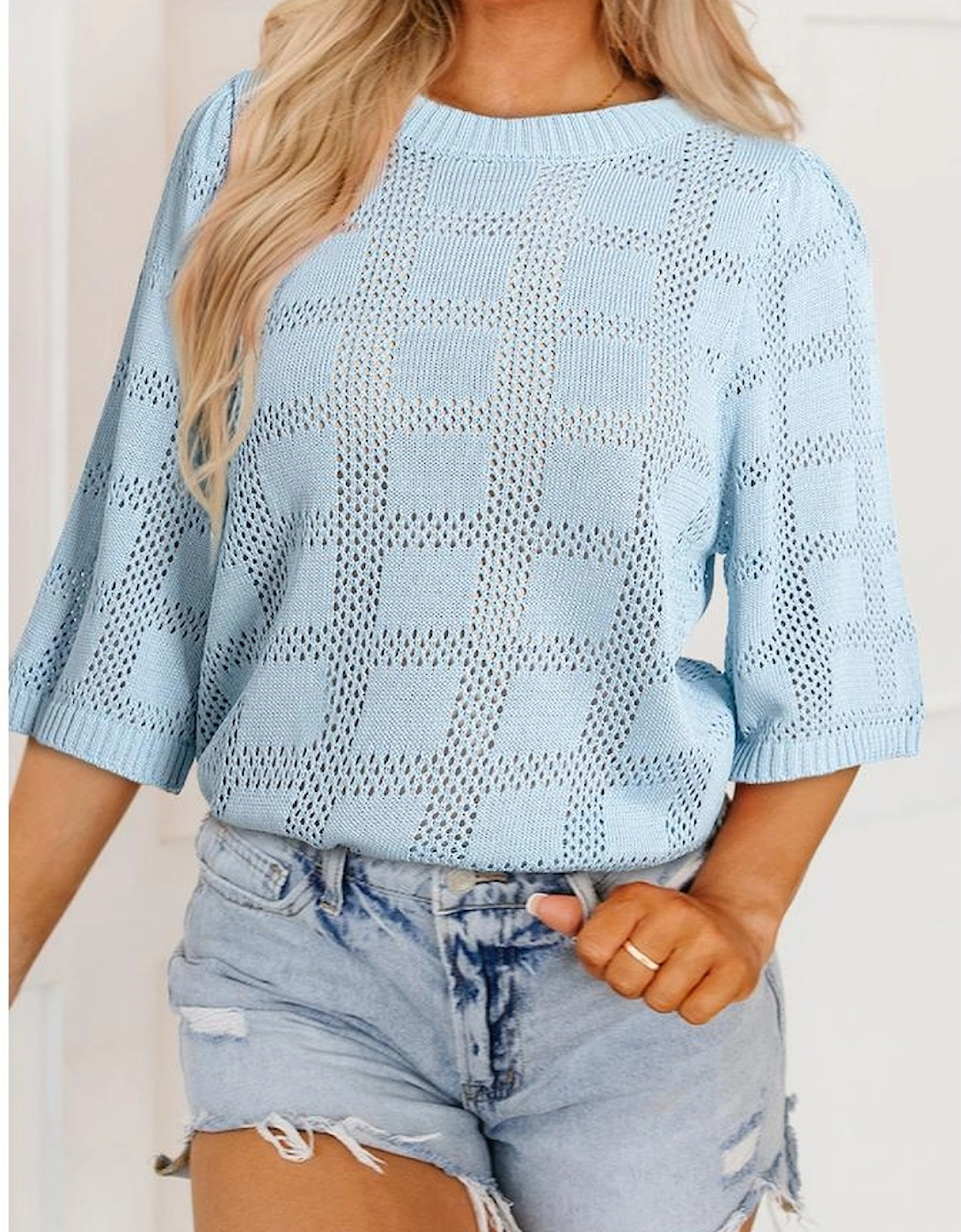 Myosotis Eyelet Checker Knit Half Sleeve Top