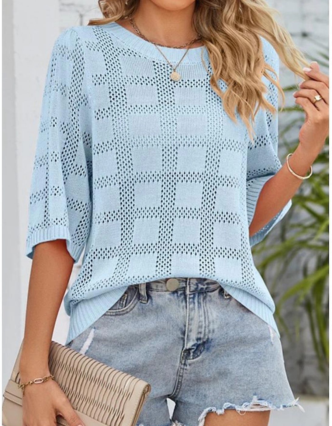 Myosotis Eyelet Checker Knit Half Sleeve Top