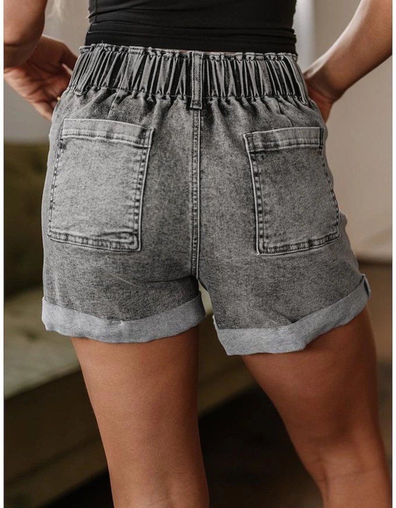 Gray Zipped Light Wash Cuffed Edge Denim Shorts
