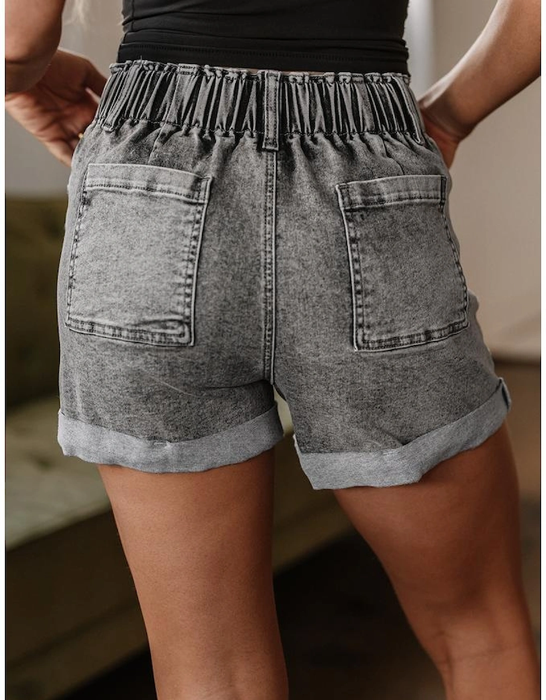 Gray Zipped Light Wash Cuffed Edge Denim Shorts