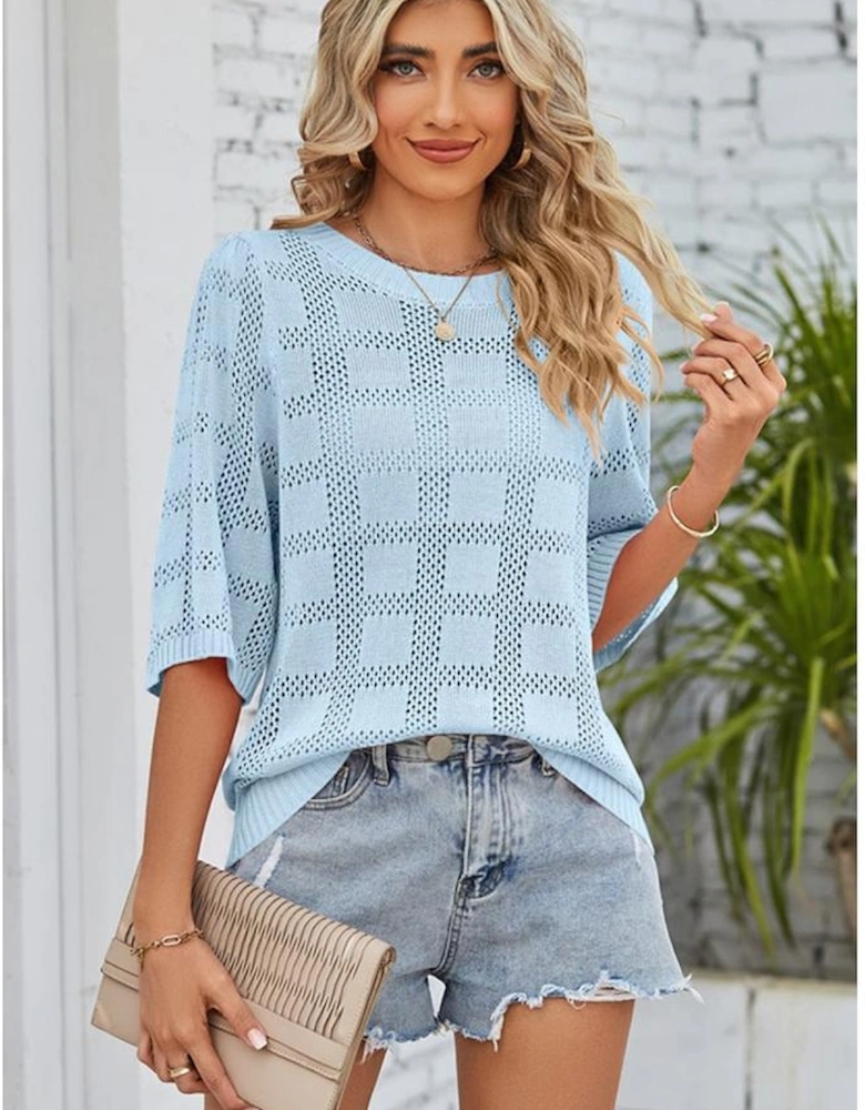 Myosotis Eyelet Checker Knit Half Sleeve Top
