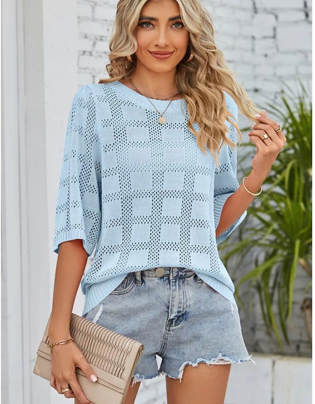 Myosotis Eyelet Checker Knit Half Sleeve Top
