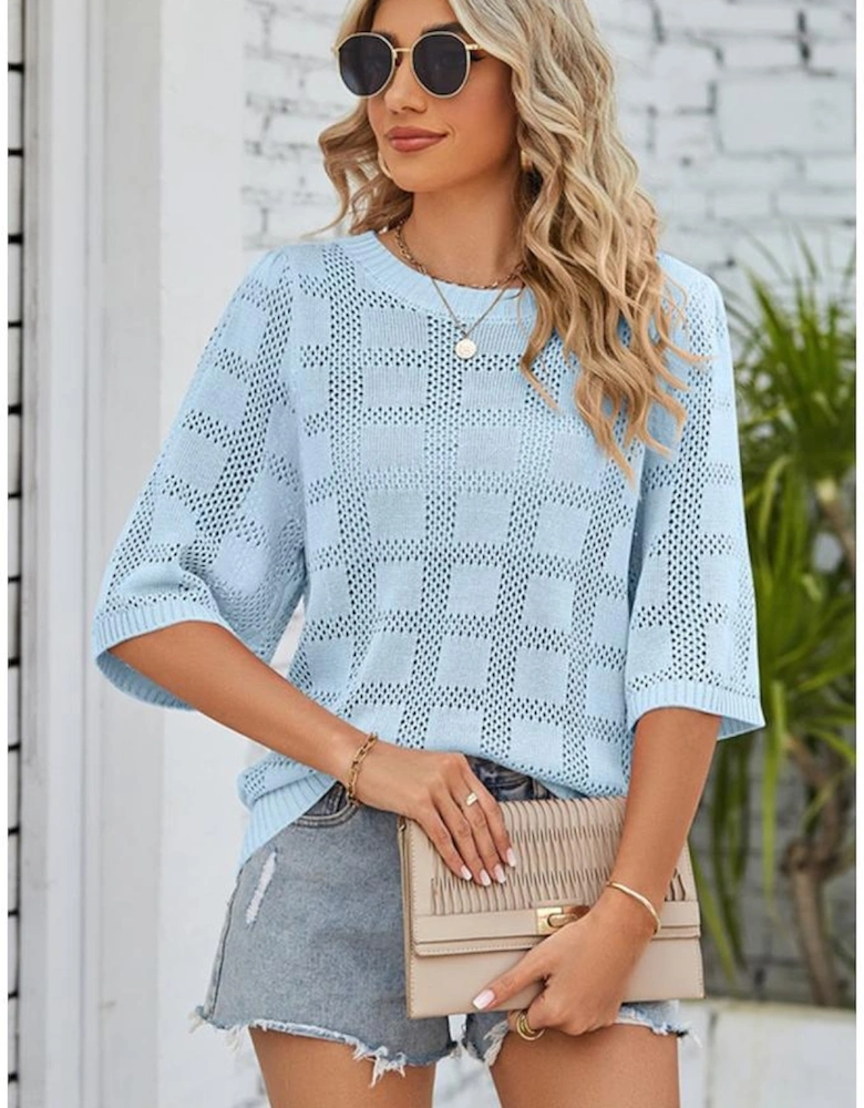Myosotis Eyelet Checker Knit Half Sleeve Top