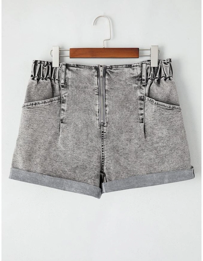 Gray Zipped Light Wash Cuffed Edge Denim Shorts
