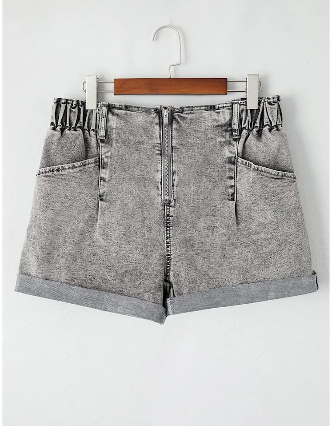 Gray Zipped Light Wash Cuffed Edge Denim Shorts