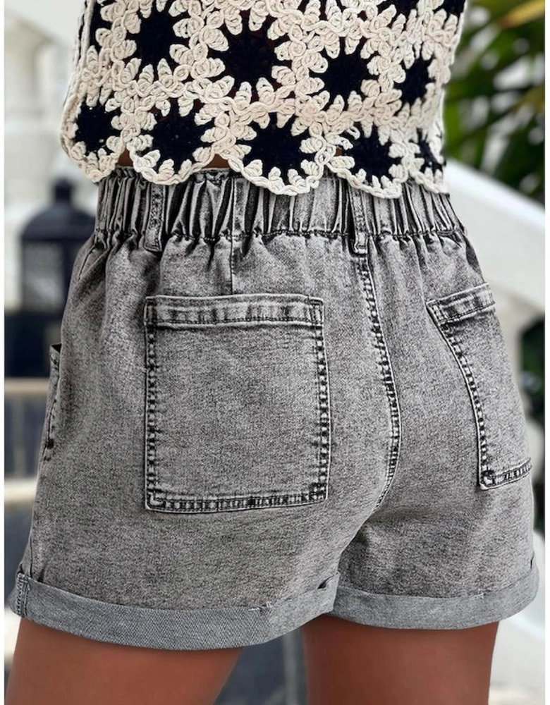 Gray Zipped Light Wash Cuffed Edge Denim Shorts