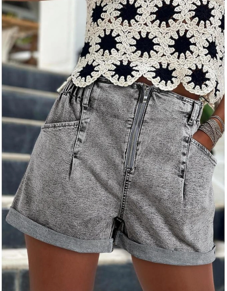 Gray Zipped Light Wash Cuffed Edge Denim Shorts