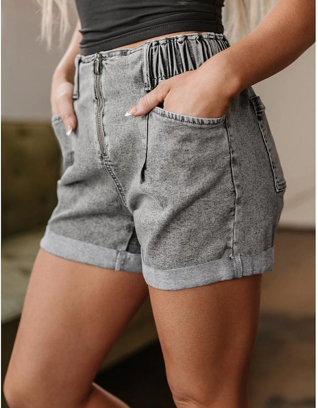 Gray Zipped Light Wash Cuffed Edge Denim Shorts, 16 of 15