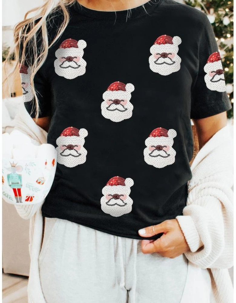 Black Father Christmas Sequin Graphic T Shirt