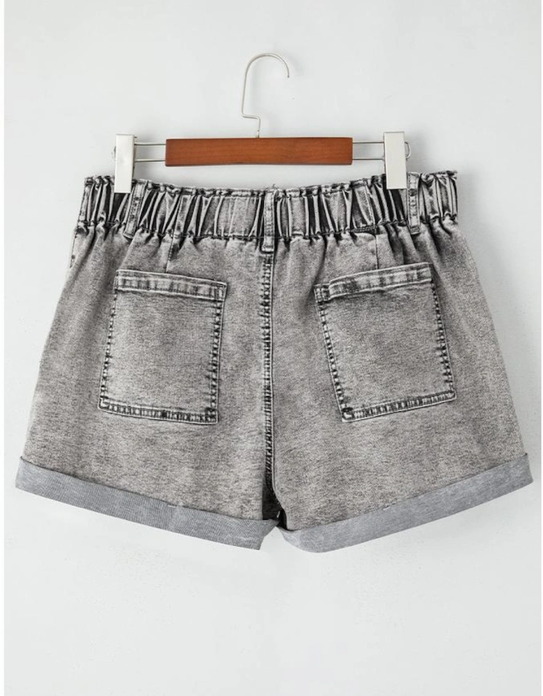 Gray Zipped Light Wash Cuffed Edge Denim Shorts