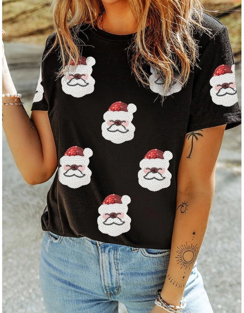 Black Father Christmas Sequin Graphic T Shirt
