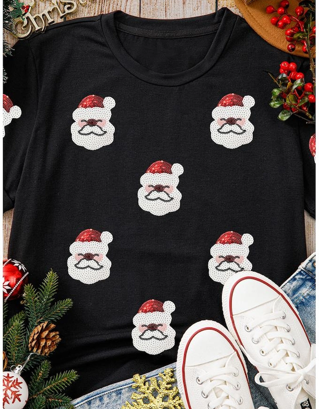Black Father Christmas Sequin Graphic T Shirt