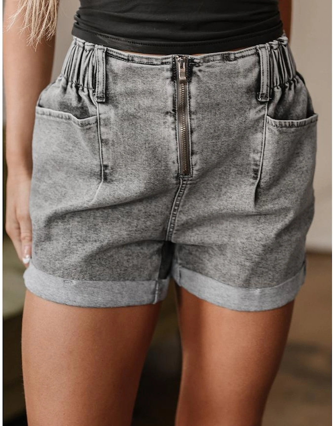 Gray Zipped Light Wash Cuffed Edge Denim Shorts