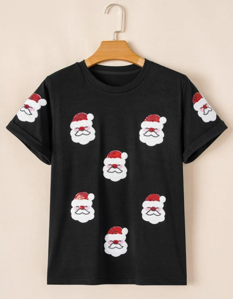 Black Father Christmas Sequin Graphic T Shirt