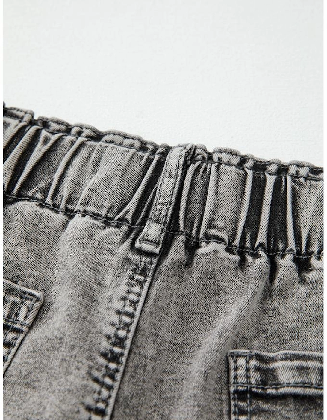 Gray Zipped Light Wash Cuffed Edge Denim Shorts