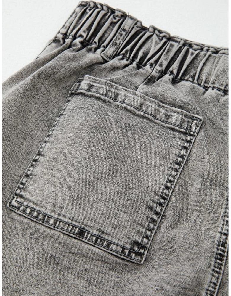 Gray Zipped Light Wash Cuffed Edge Denim Shorts