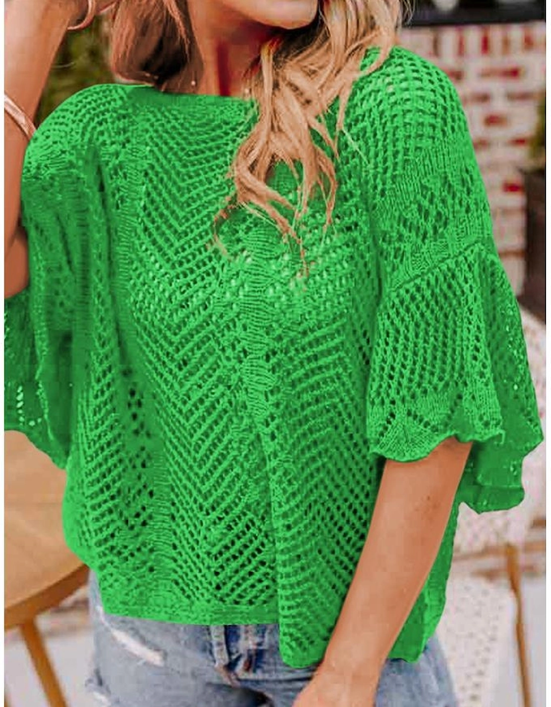 Green Pointelle Knit Scallop Edge Short Sleeve Top, 12 of 11