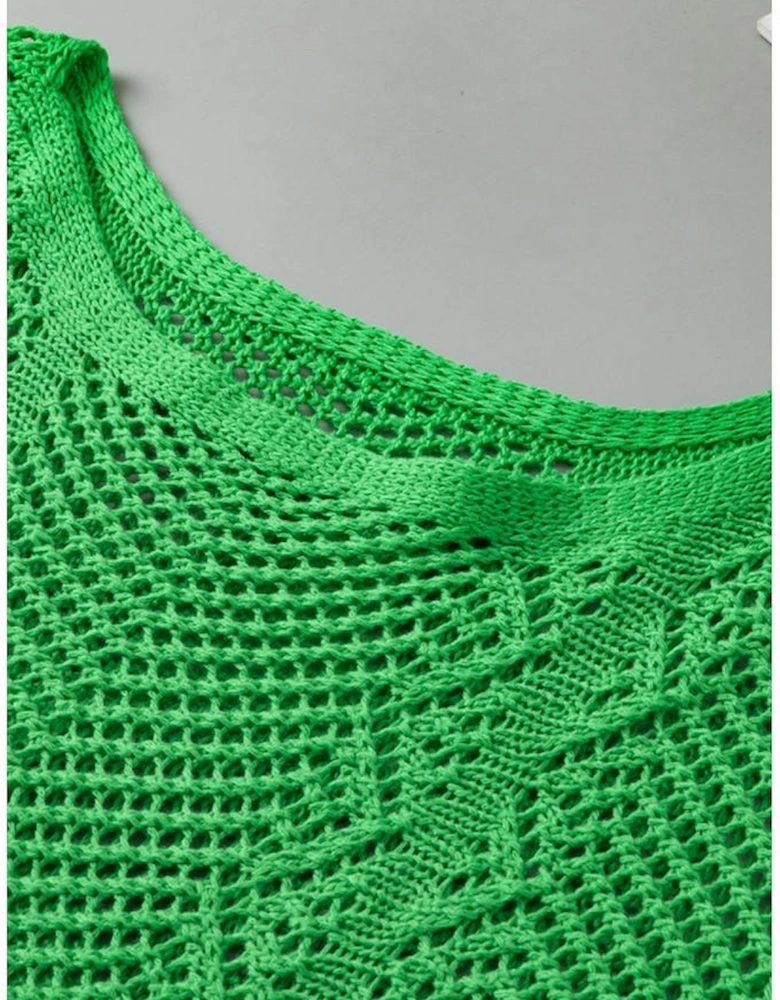 Green Pointelle Knit Scallop Edge Short Sleeve Top
