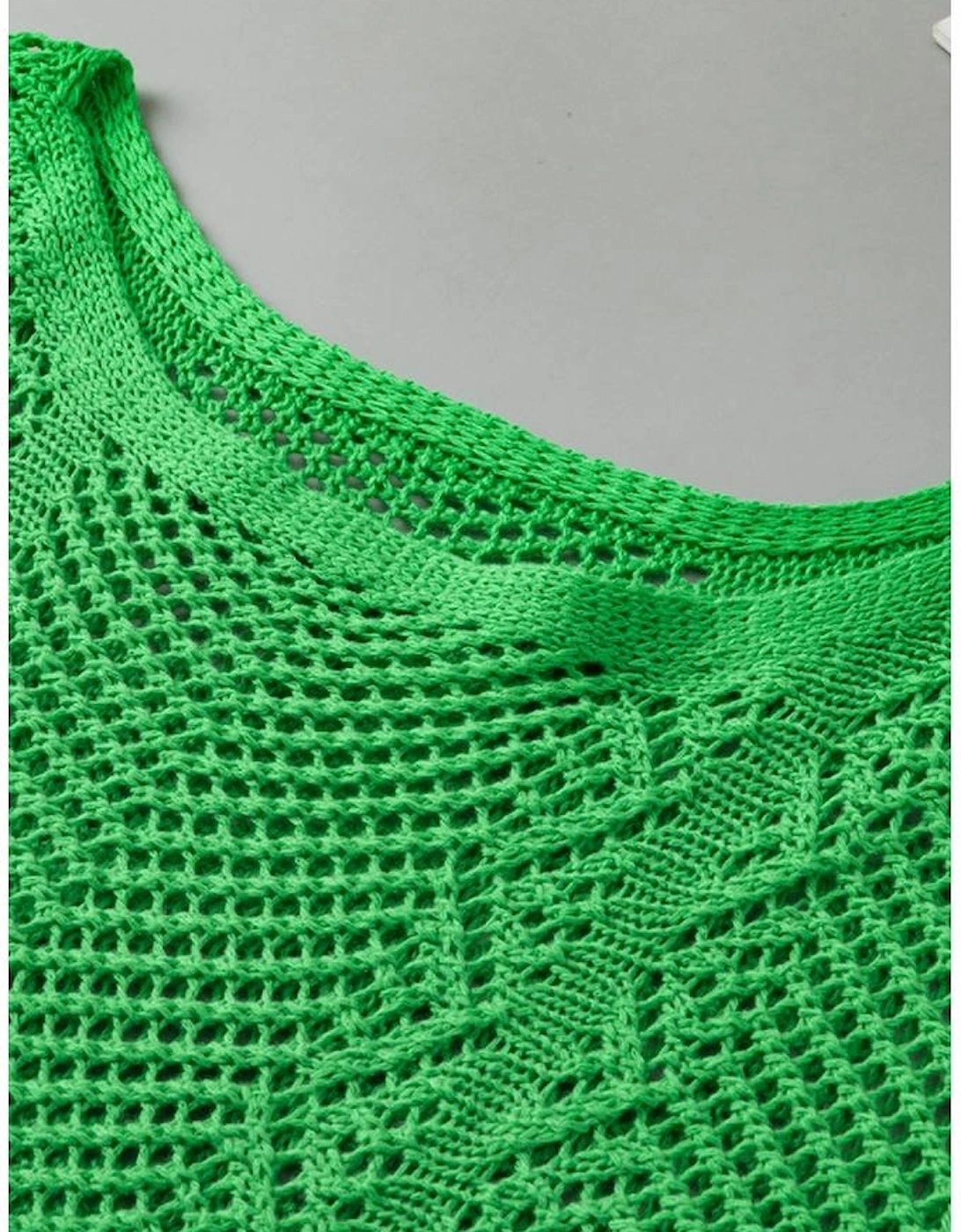 Green Pointelle Knit Scallop Edge Short Sleeve Top