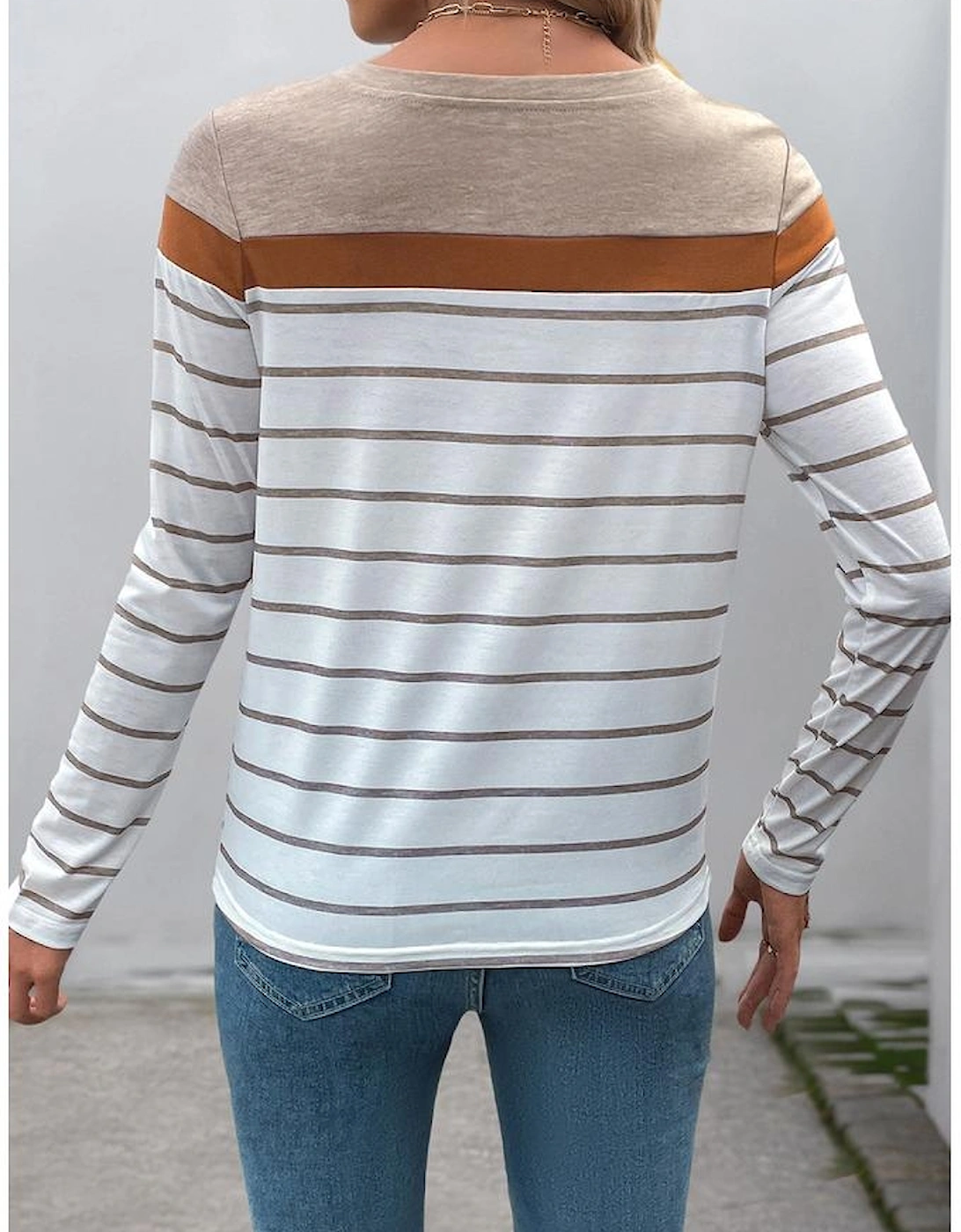White Stripe Colorblock Long Sleeve Round Neck Tee, 4 of 3