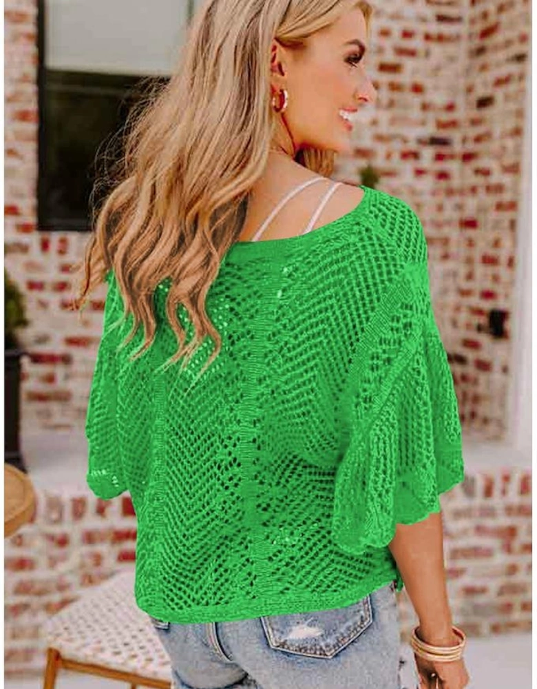 Green Pointelle Knit Scallop Edge Short Sleeve Top