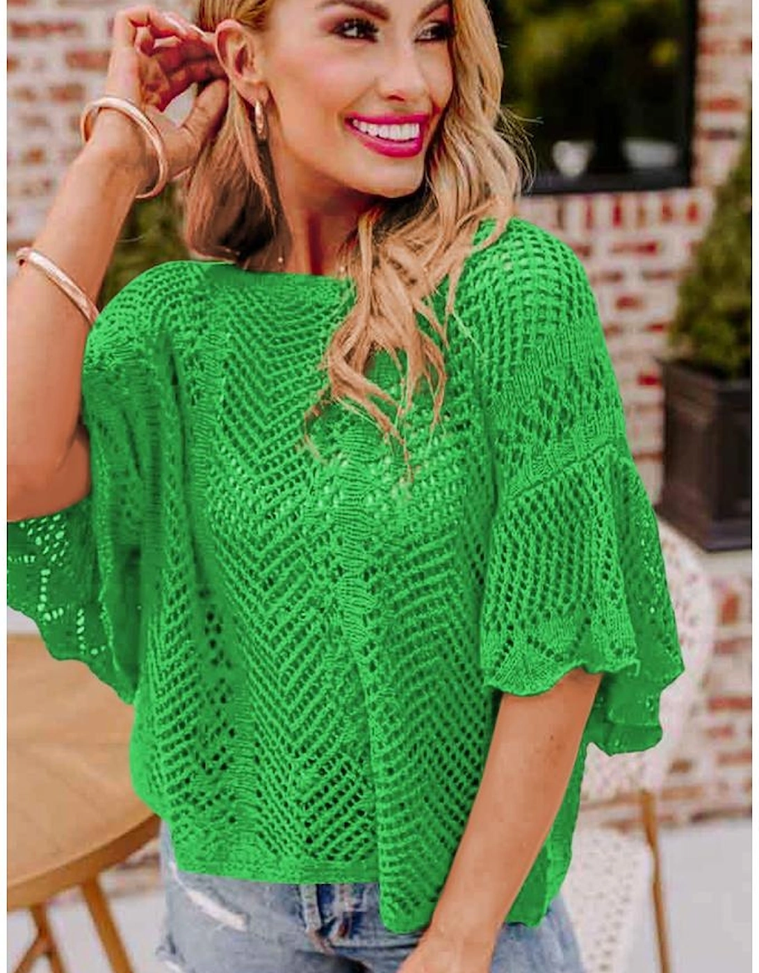 Green Pointelle Knit Scallop Edge Short Sleeve Top