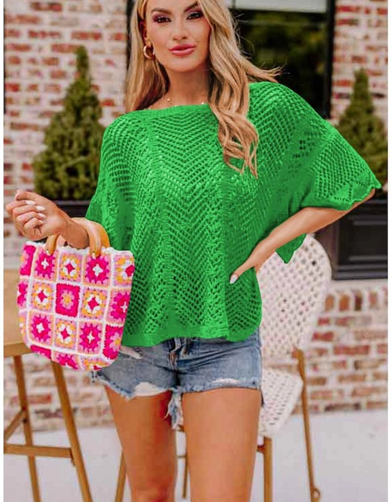 Green Pointelle Knit Scallop Edge Short Sleeve Top