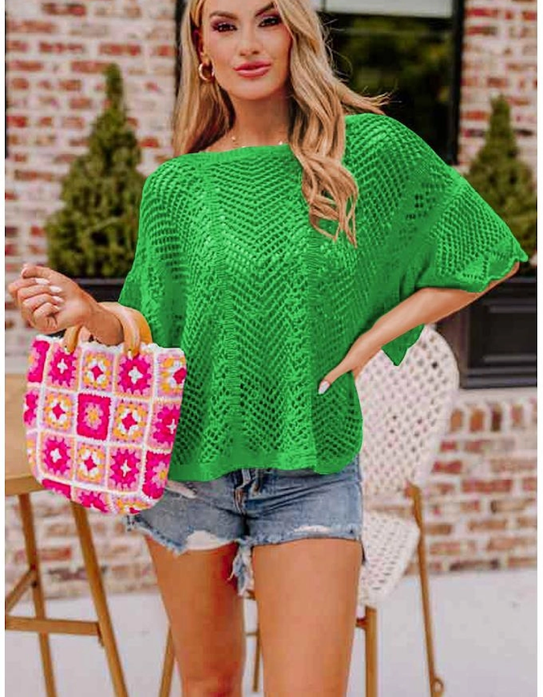 Green Pointelle Knit Scallop Edge Short Sleeve Top