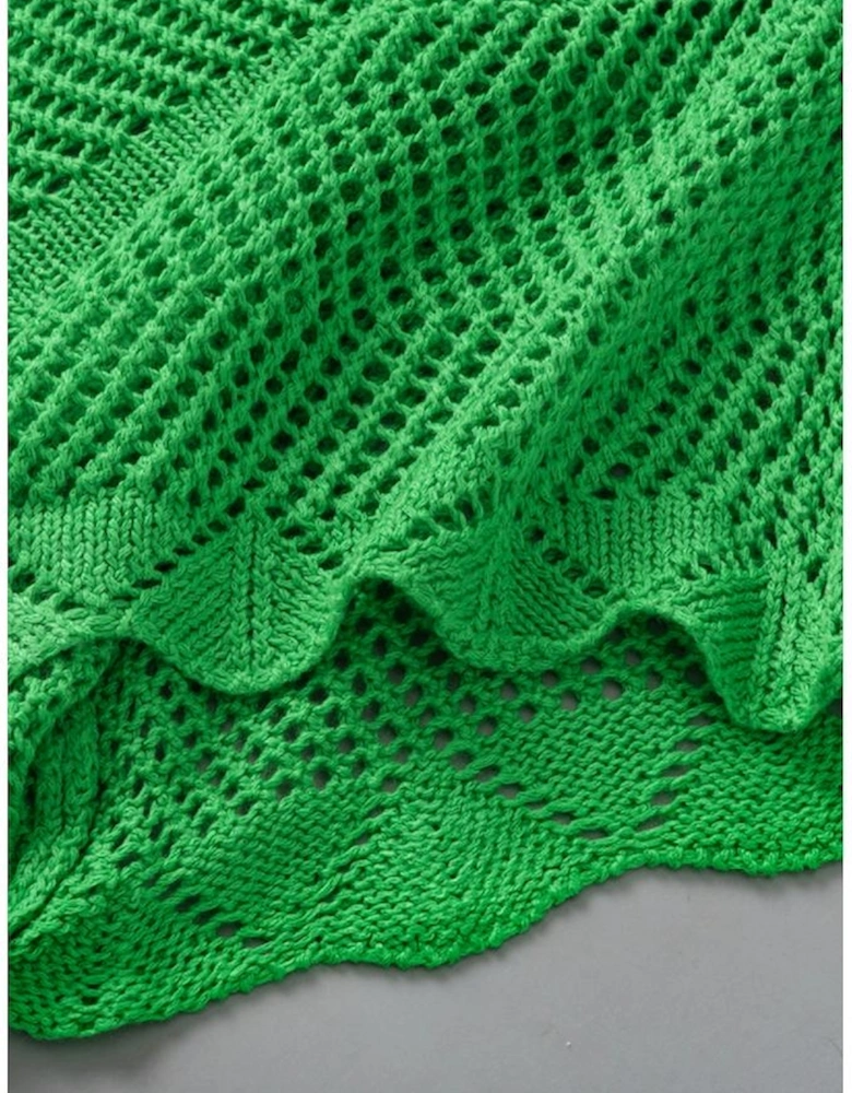 Green Pointelle Knit Scallop Edge Short Sleeve Top