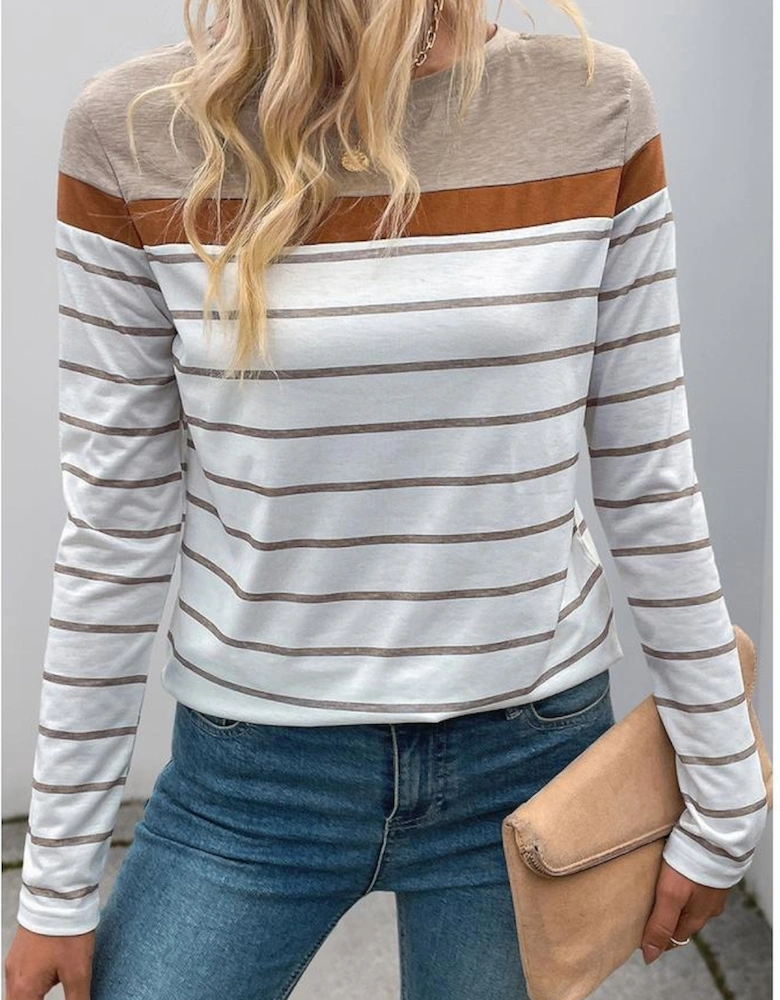 White Stripe Colorblock Long Sleeve Round Neck Tee