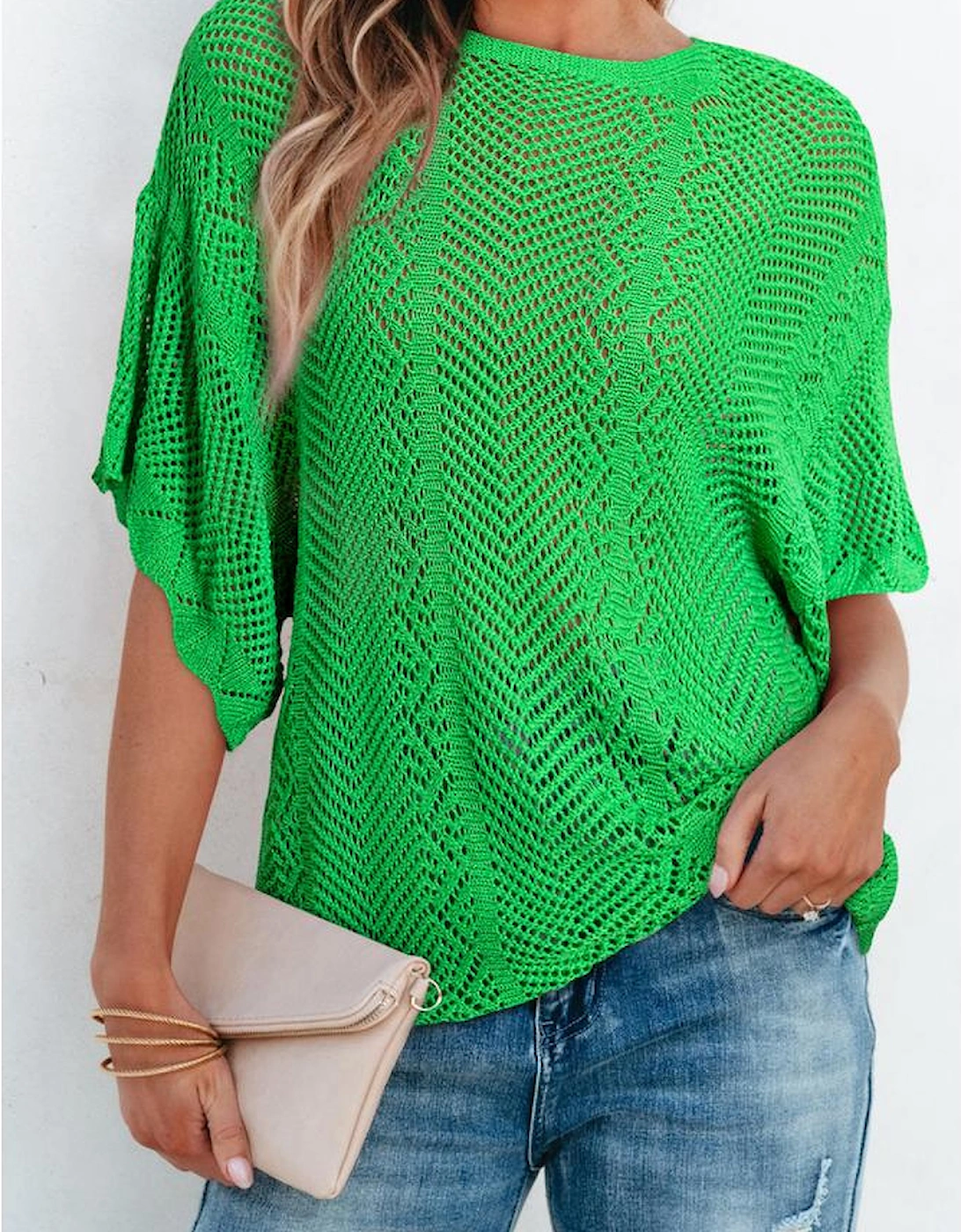 Green Pointelle Knit Scallop Edge Short Sleeve Top