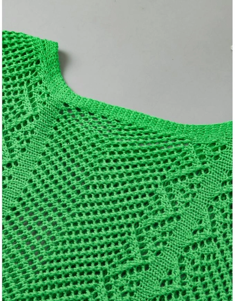 Green Pointelle Knit Scallop Edge Short Sleeve Top