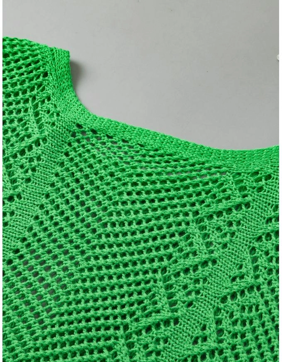 Green Pointelle Knit Scallop Edge Short Sleeve Top