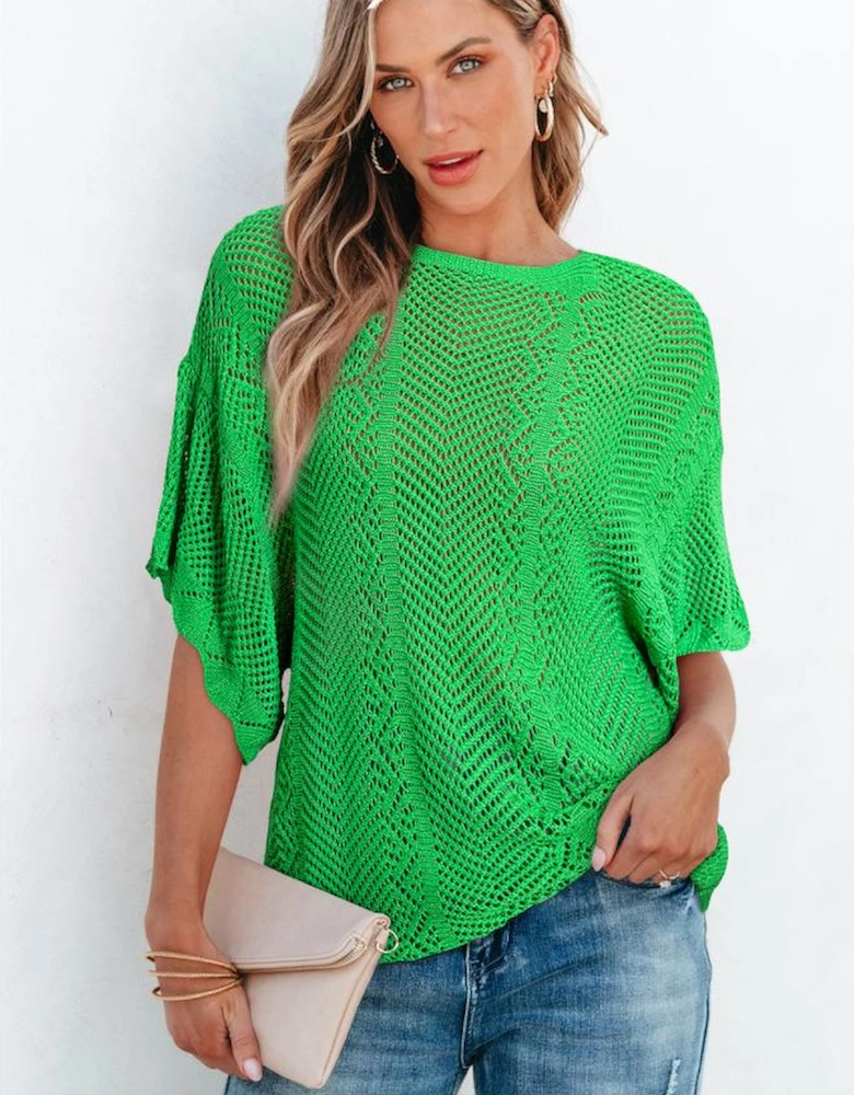 Green Pointelle Knit Scallop Edge Short Sleeve Top