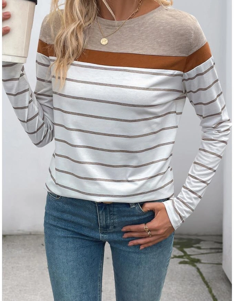 White Stripe Colorblock Long Sleeve Round Neck Tee