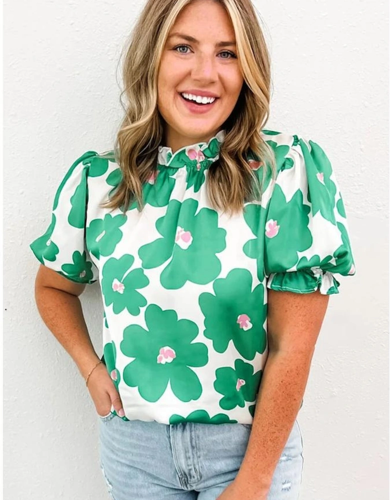 Green Floral Puff Sleeve Frill Neckline Blouse