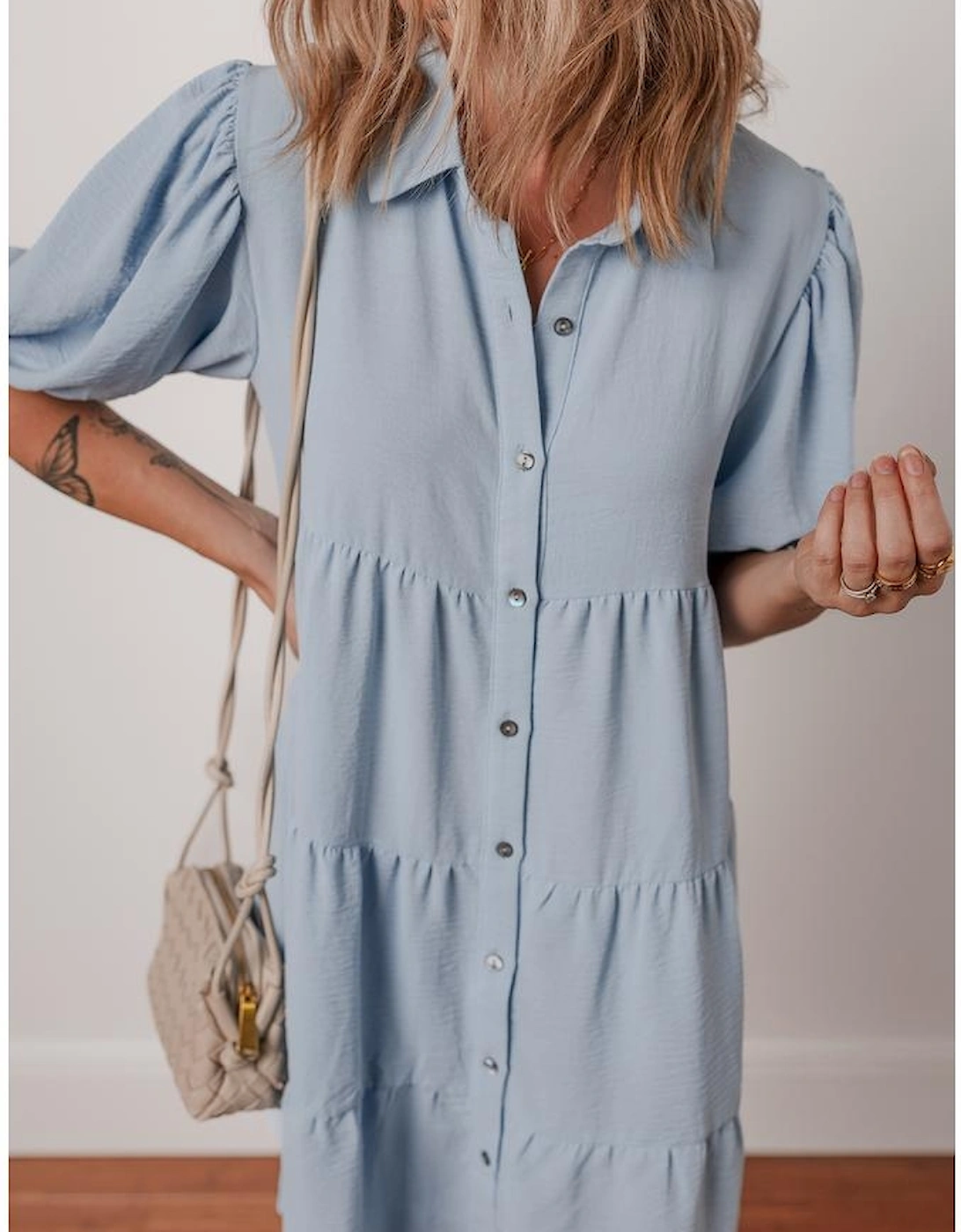 Beau Blue Shirt Collar Button Up Short Puff Sleeve Tiered Shift Dress