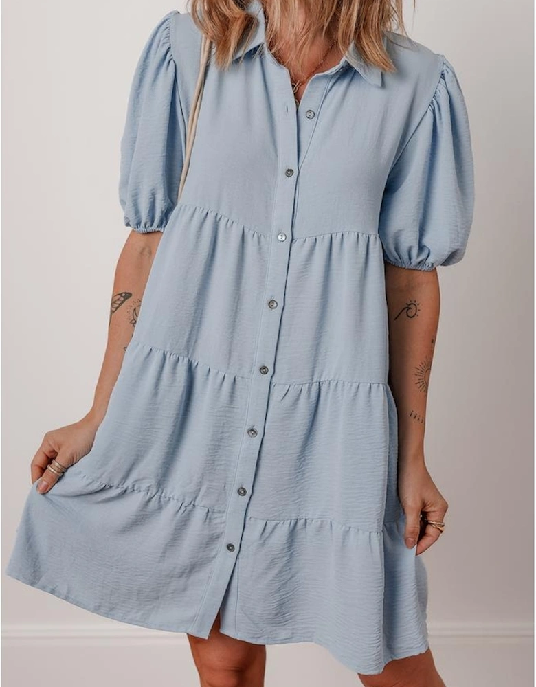 Beau Blue Shirt Collar Button Up Short Puff Sleeve Tiered Shift Dress