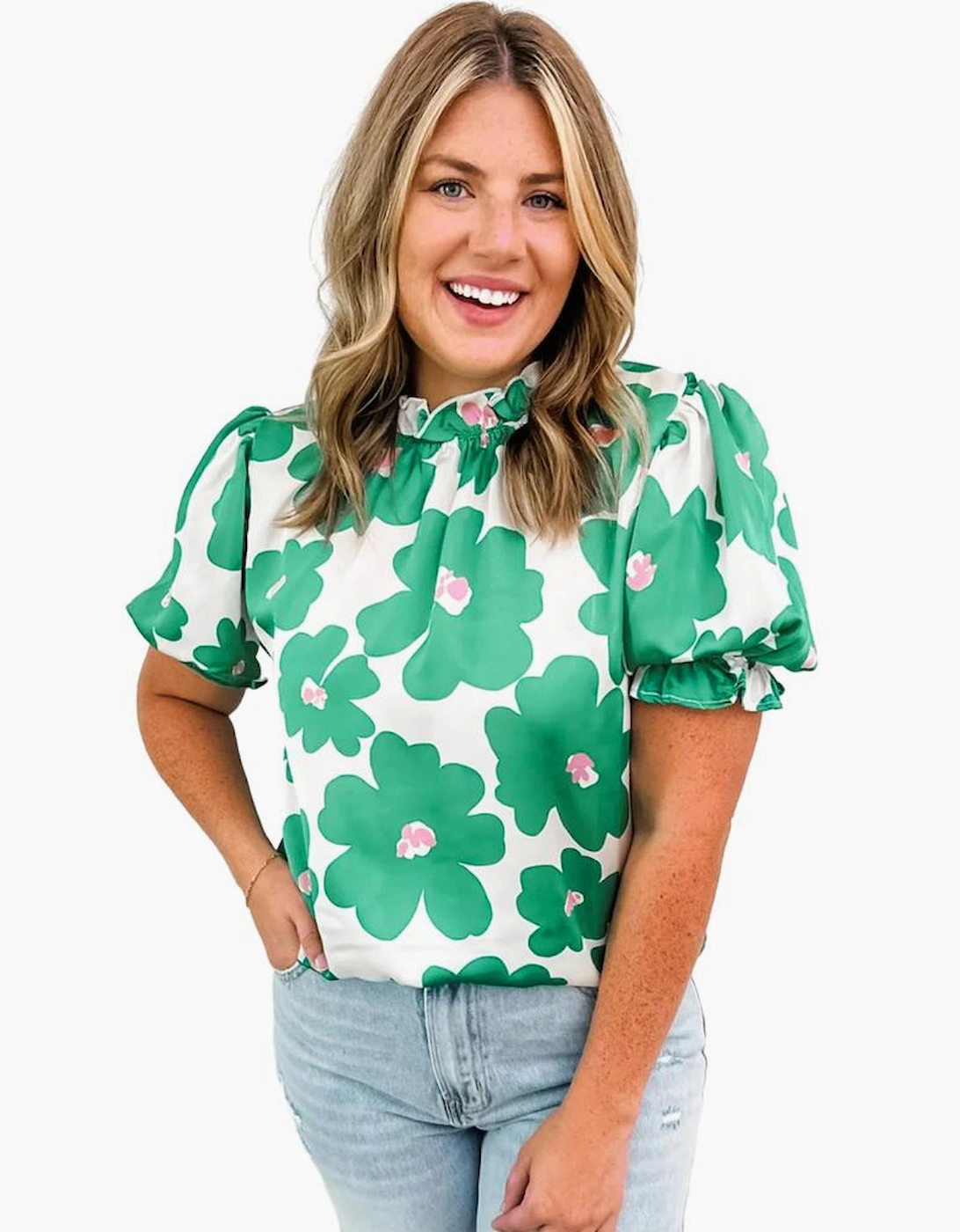 Green Floral Puff Sleeve Frill Neckline Blouse