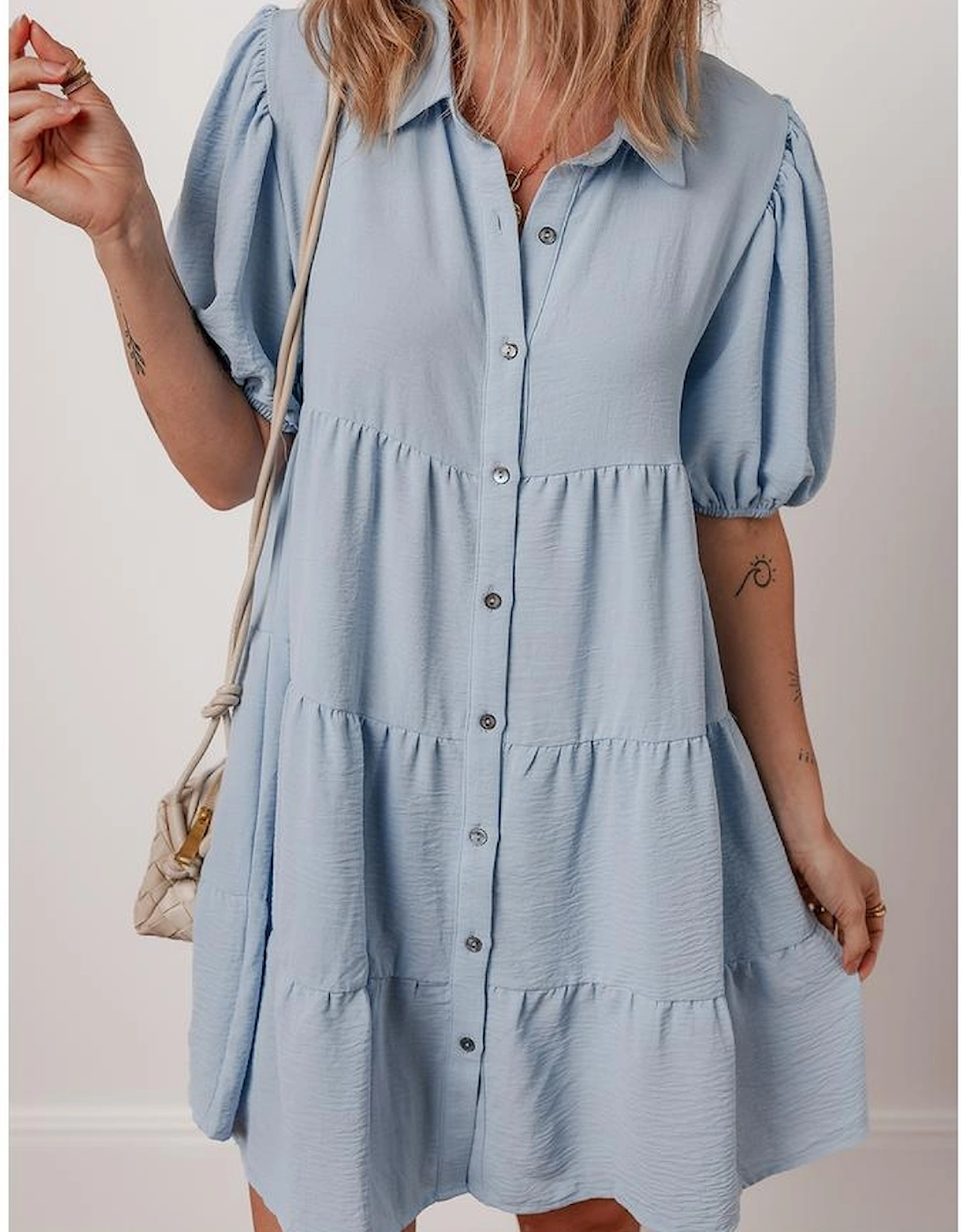 Beau Blue Shirt Collar Button Up Short Puff Sleeve Tiered Shift Dress