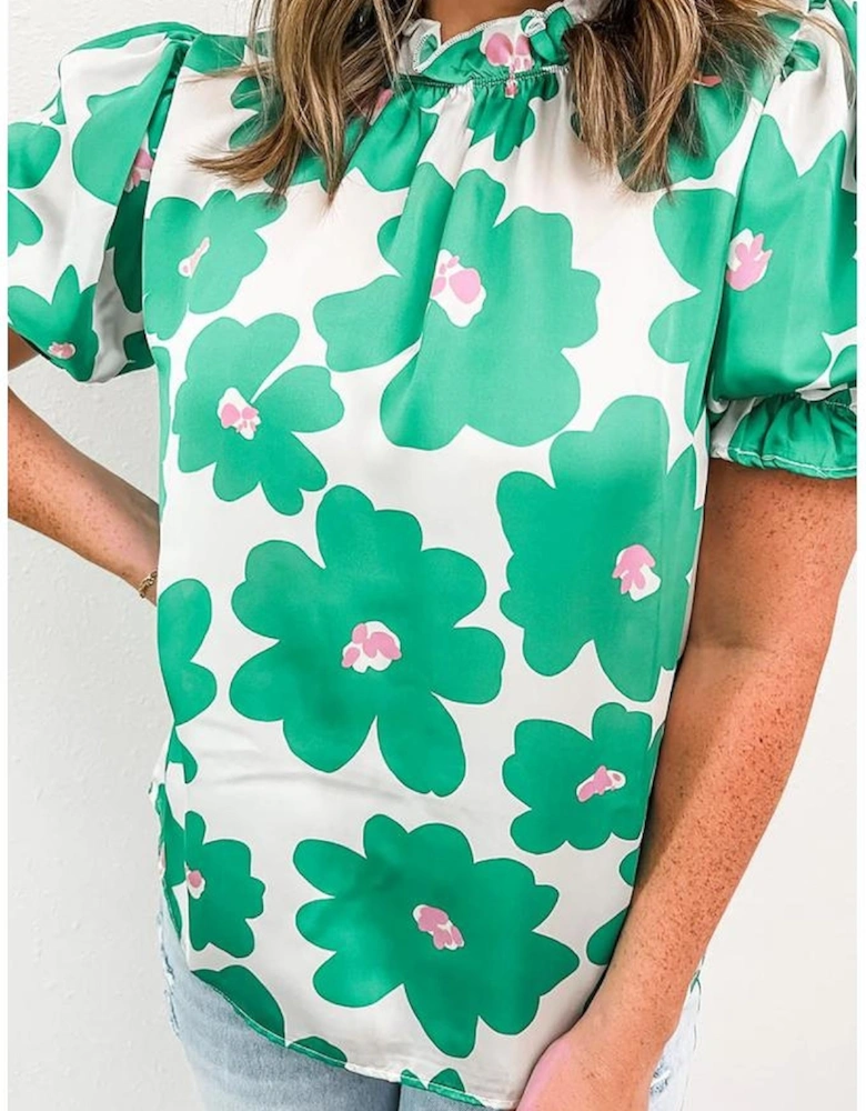 Green Floral Puff Sleeve Frill Neckline Blouse