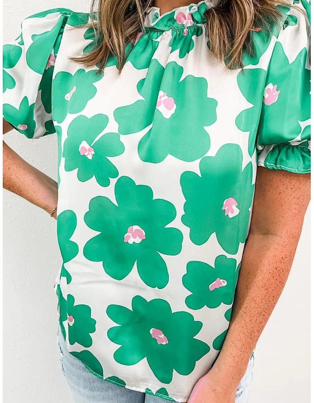 Green Floral Puff Sleeve Frill Neckline Blouse